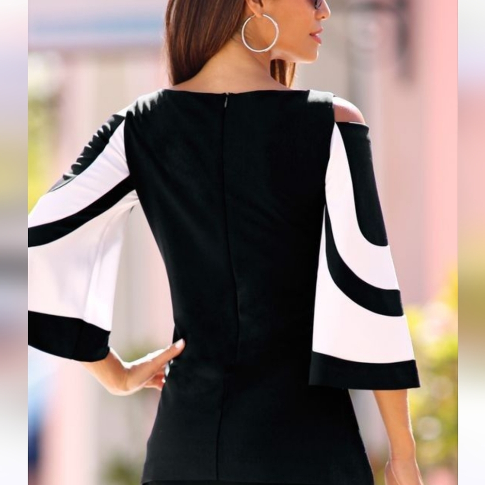 BOSTON PROPER BELL SLEEVE COLD SHOULDER TOP BLACK WHITE TUNIC STYLE S - Picture 2 of 9